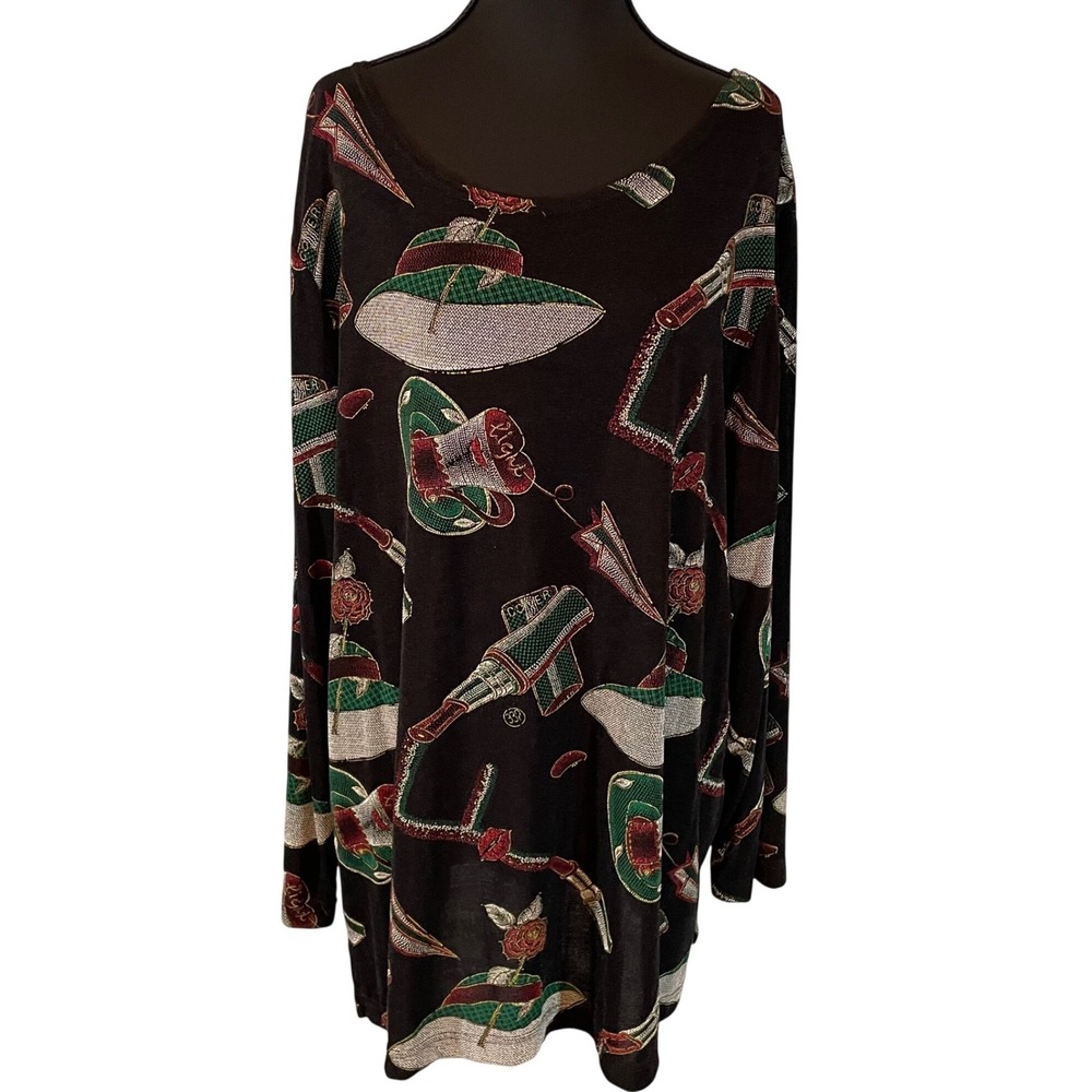 VTG‎ Sharon Anthony Novelty Print Tunic Black Red Green 1X USA Statement Top